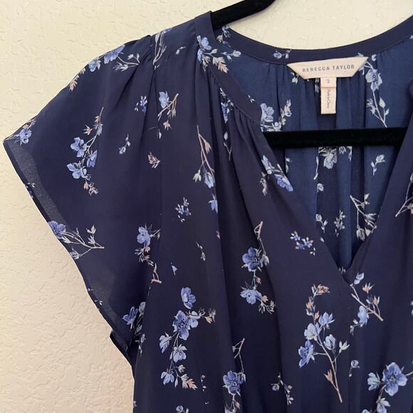 Rebecca Taylor Blue Floral Silk Smocked Waist Ruffle Hem Dress Size 2 - Picture 5 of 11